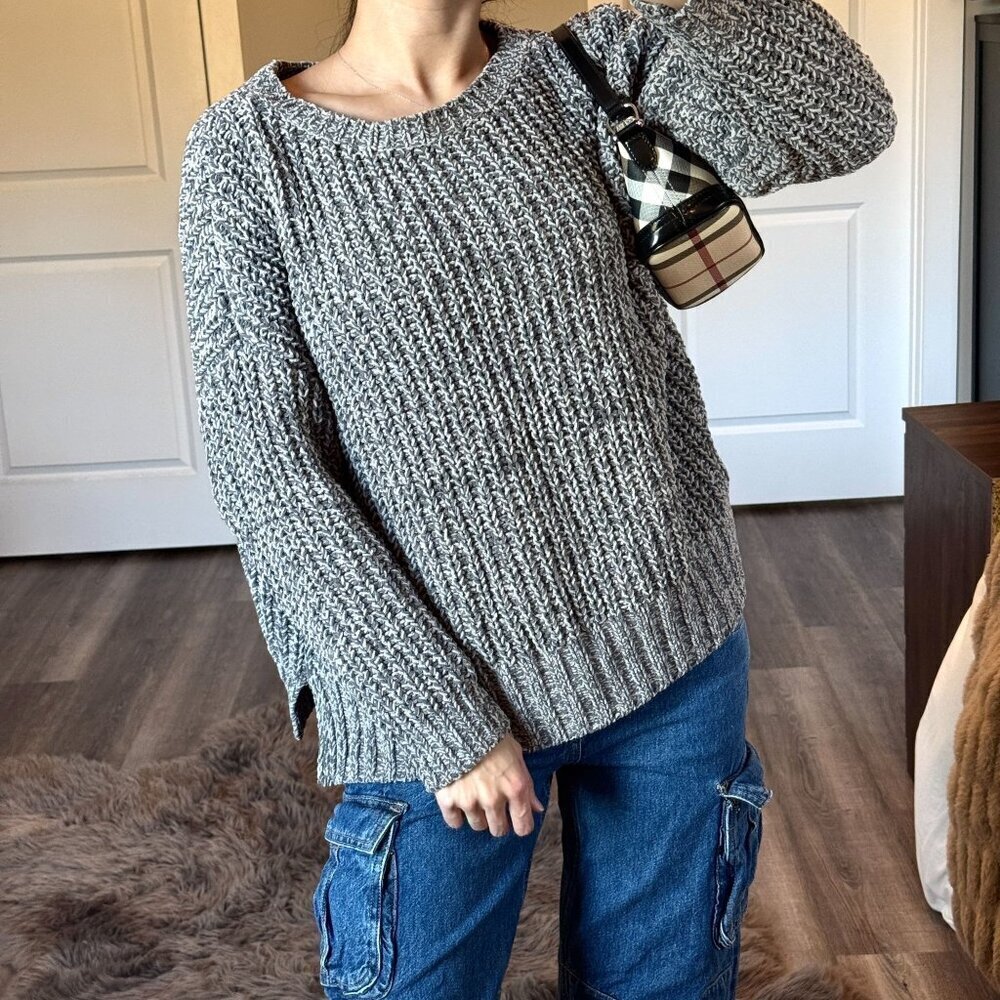 Y2K American Eagle Chunky Fisherman Knit Sweater Oversized Cottagecore Gray Sz S
